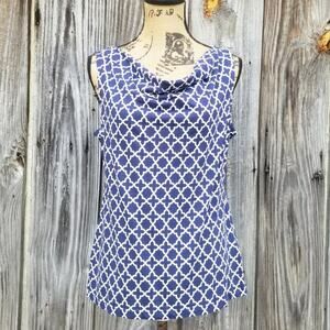 Nautica Top Cowl Neck Sleeveless Blouse Size L Navy Blue Shirt Geometric Print